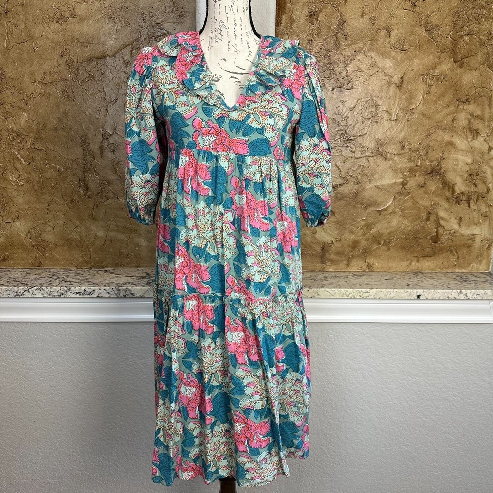 Saule Parc Floral Babydoll Midi Dress Womens XS V Neck Puff Sleeve Blue Pink
